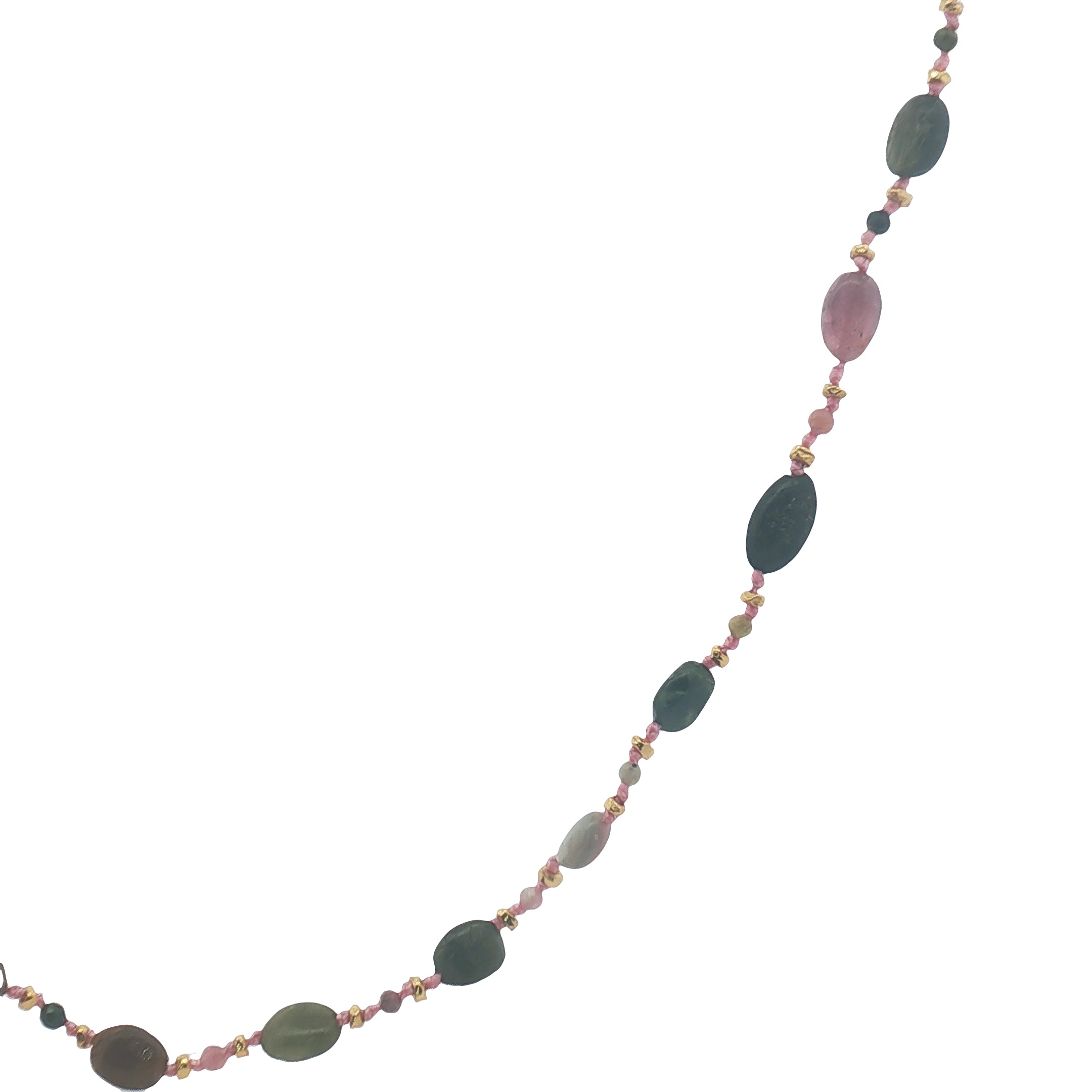 Collier doré alternance de tourmaline, perles dorées et noeuds roses 50 cm
