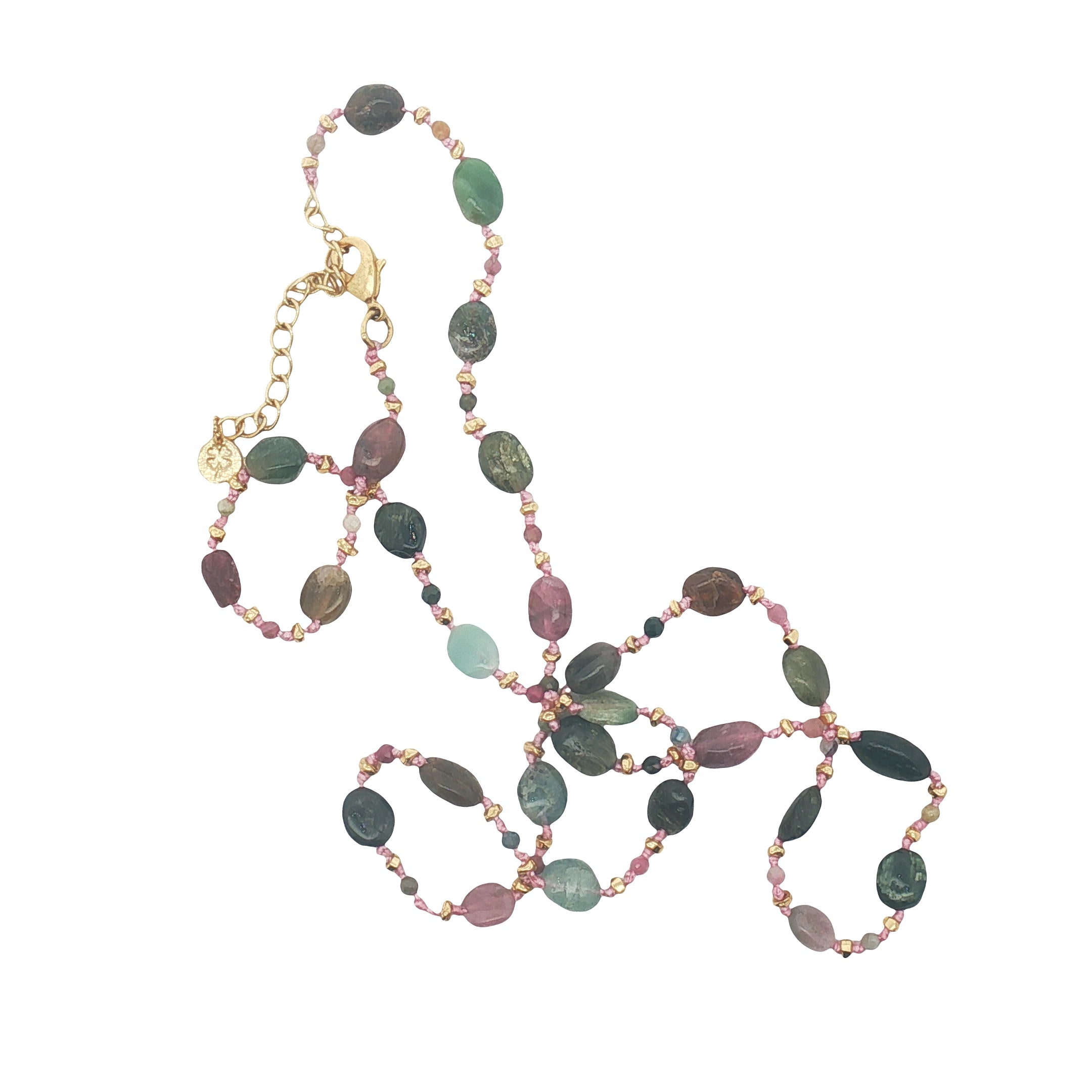 Collier doré alternance de tourmaline, perles dorées et noeuds roses 50 cm