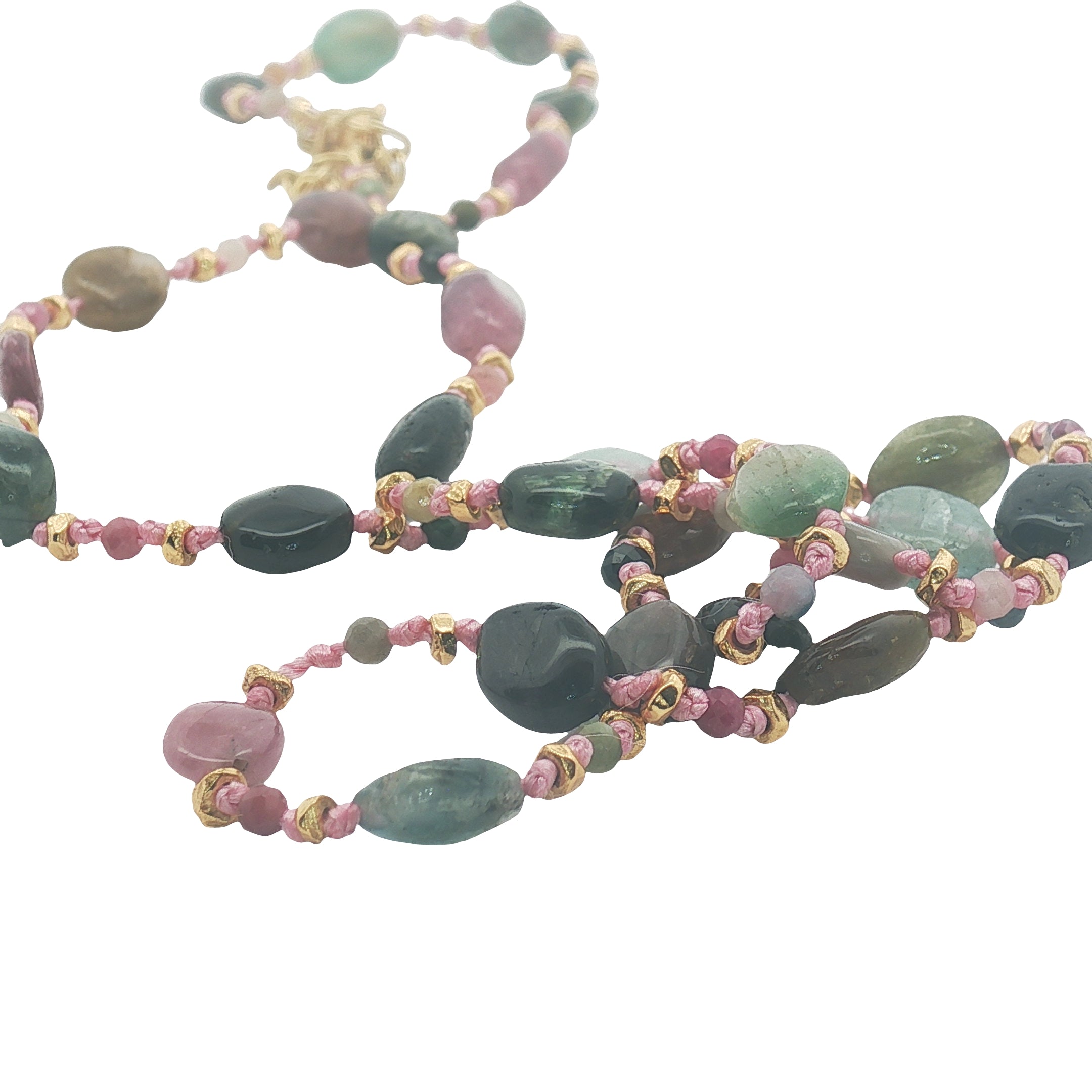 Collier doré alternance de tourmaline, perles dorées et noeuds roses 50 cm