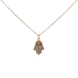 Gold necklace with hand of Fatima stone and zircons