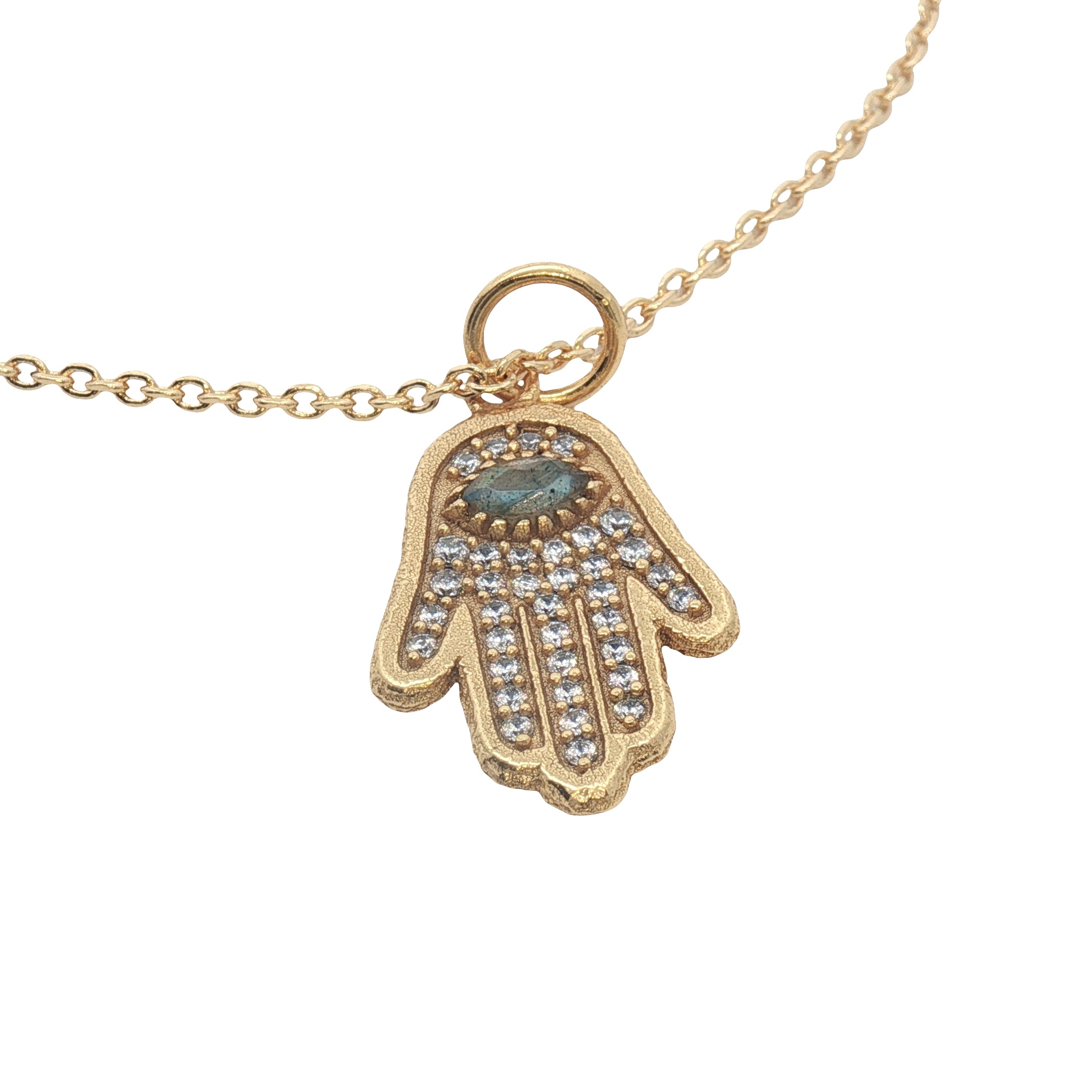 Collier doré main de Fatma oeil avec labradorite et zircons 42 cm