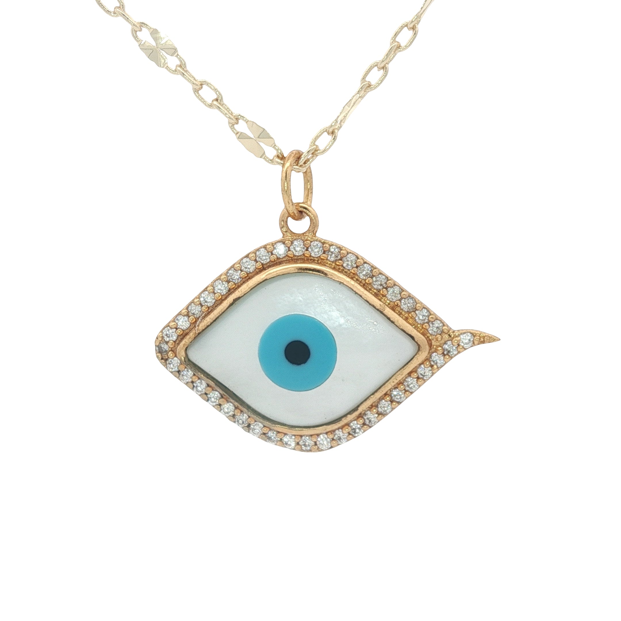 Collier doré oeil en nacre avec zircons blancs 50 cm