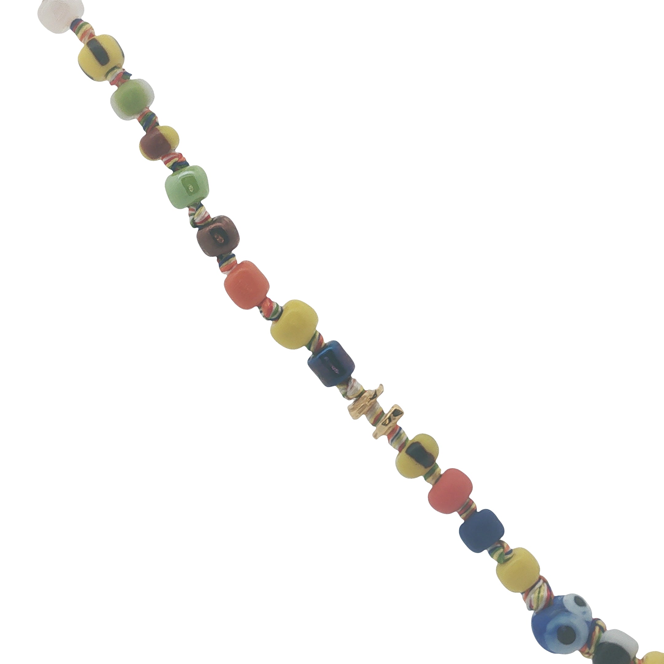 Collier doré perles colorées, oeil et disques dorés 90 cm