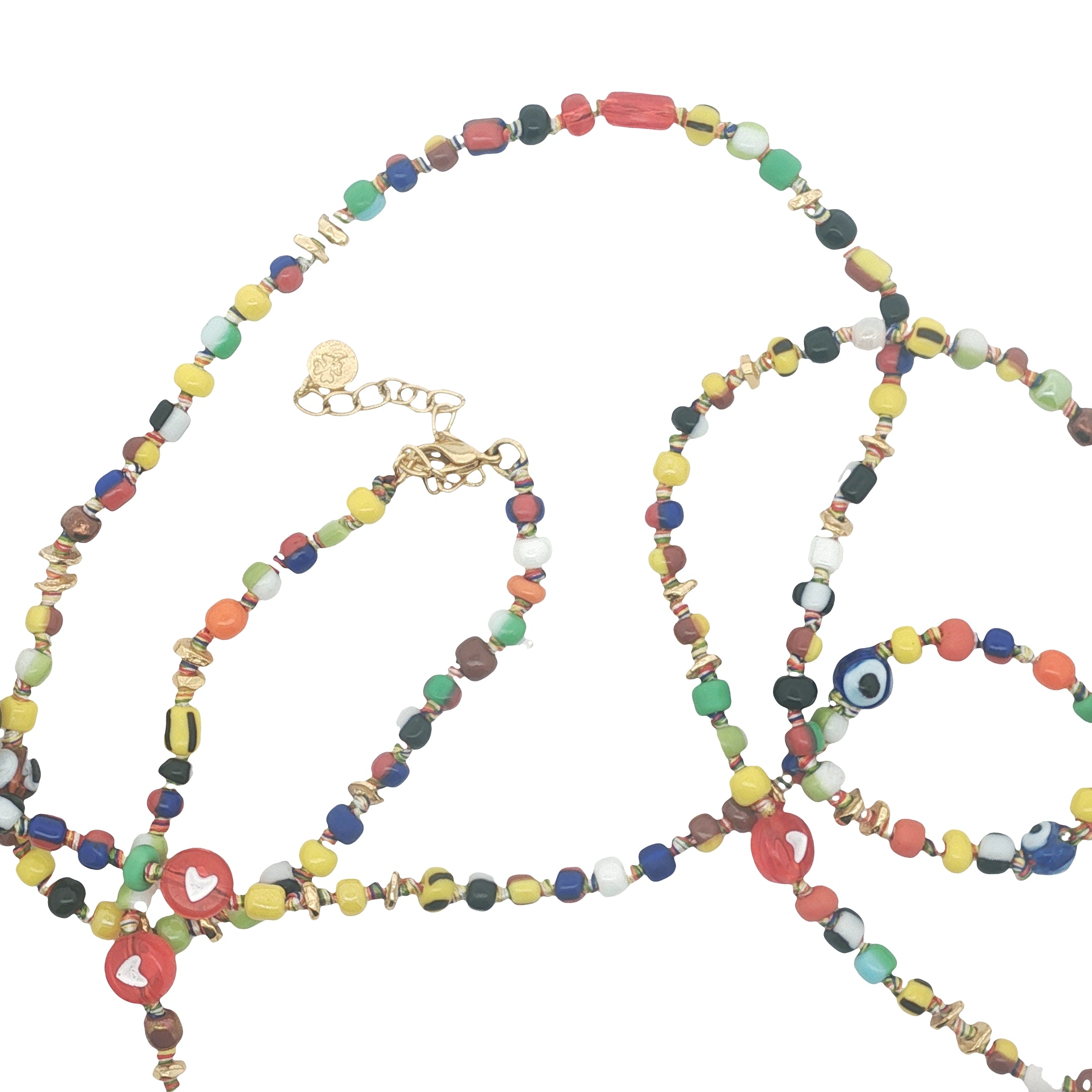 Collier doré perles colorées, oeil et disques dorés 90 cm