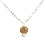 Collier doré médaillon astres avec labradorite et zircons avec pampilles 50 cm