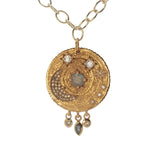 Collier doré médaillon astres avec labradorite et zircons avec pampilles 50 cm