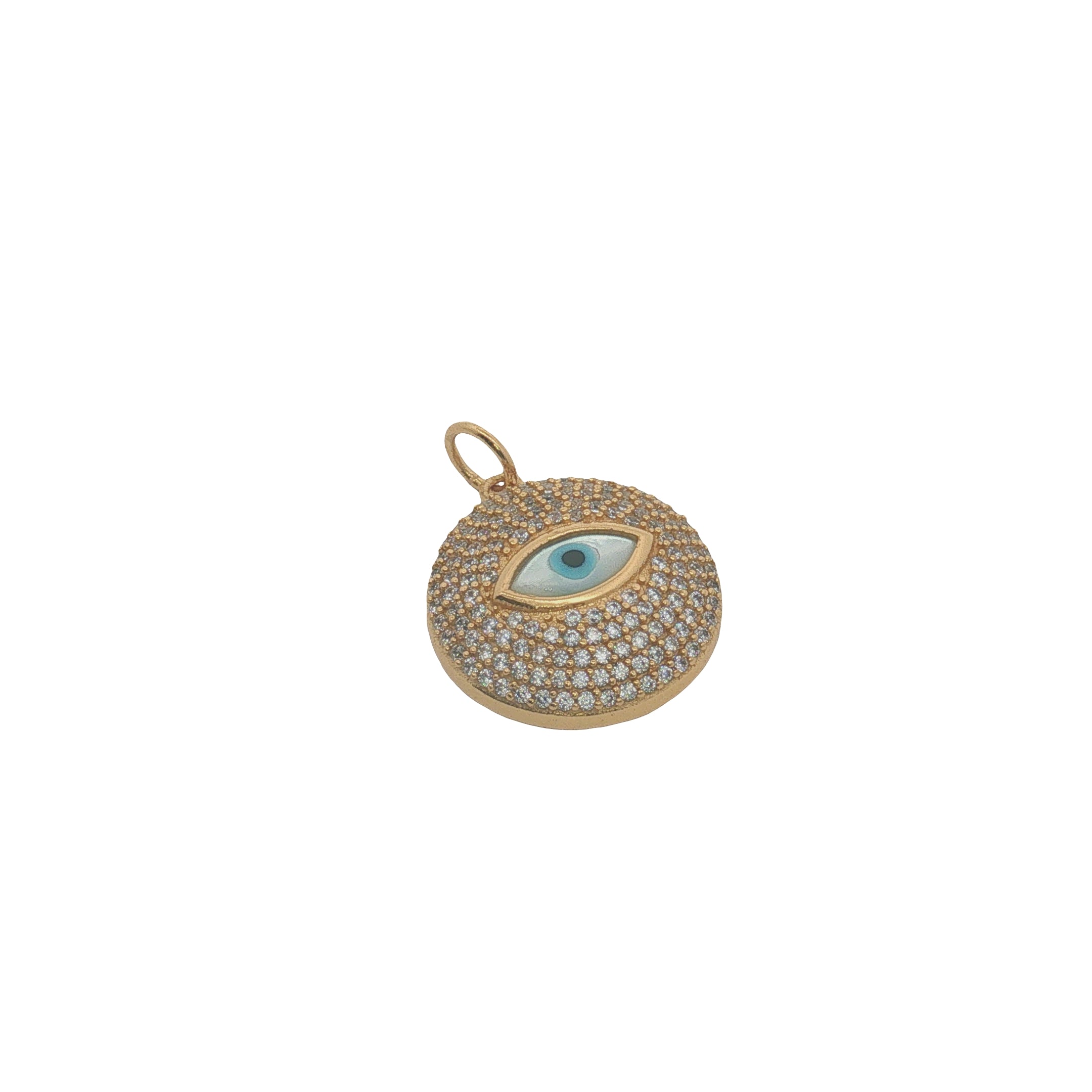 Charms doré médaillon avec oeil en nacre et pavage de zircons