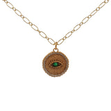 Collier doré médaille texturée oeil onyx verte 42 cm