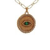 Collier doré médaille texturée oeil onyx verte 42 cm