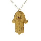 Collier doré main de Fatma oeil en grenat 75 cm