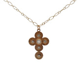 Collier doré croix martelée angles arrondis avec pierre de lune 75 cm