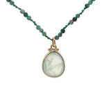 Collier doré prehnite ovale avec boules dorées rubis zoisite 60 cm