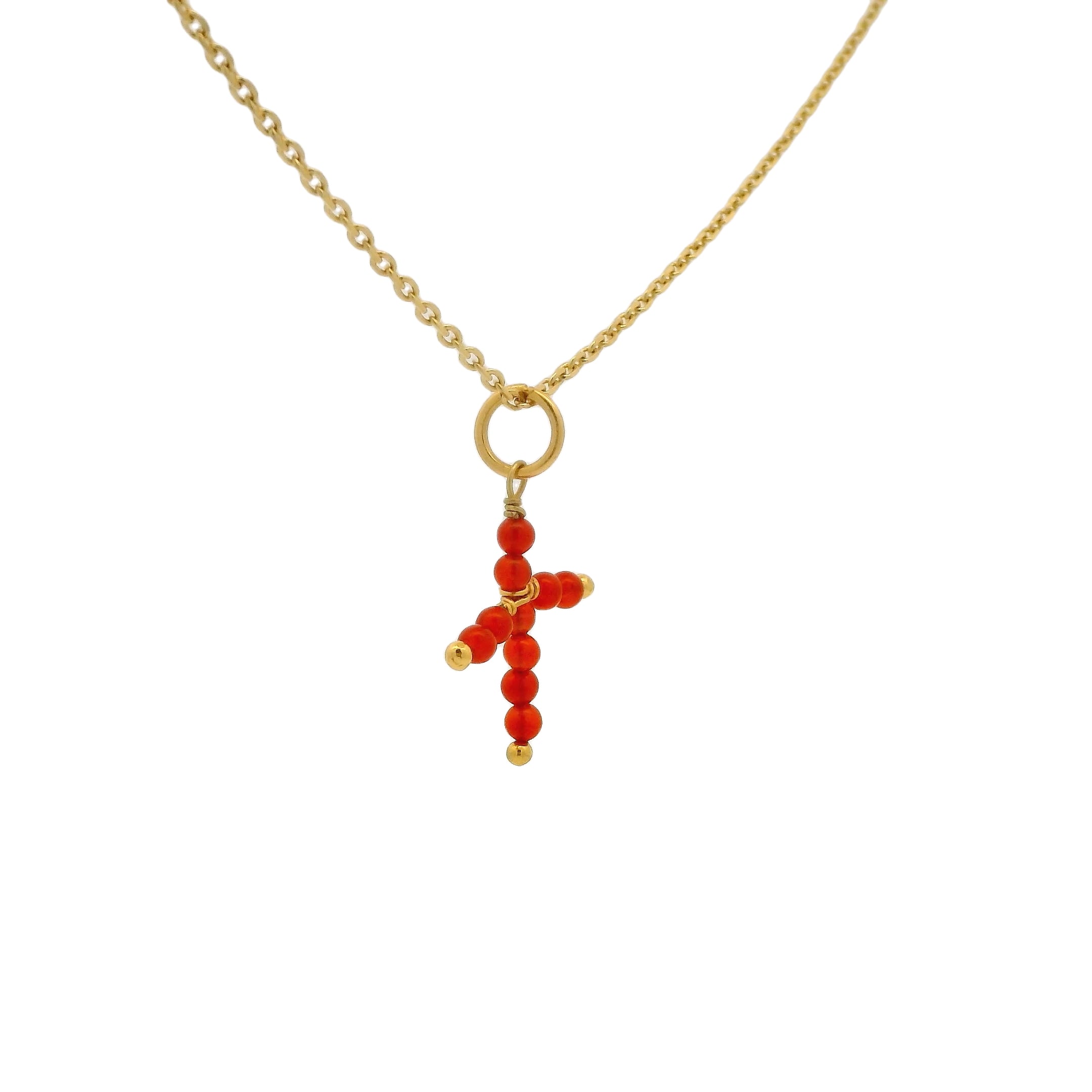 Collier doré petite croix onyx rouge 42 cm
