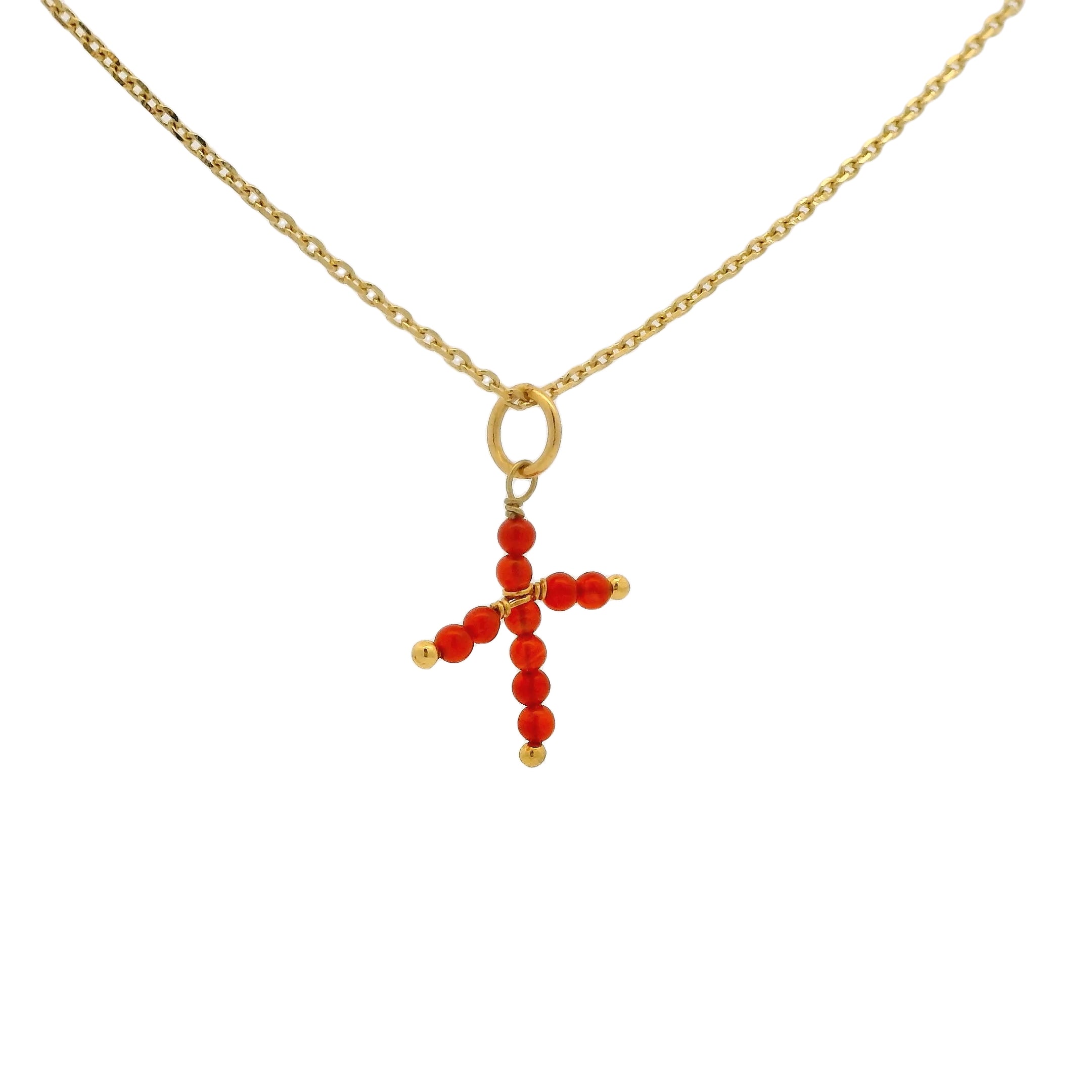 Collier doré petite croix onyx rouge 42 cm