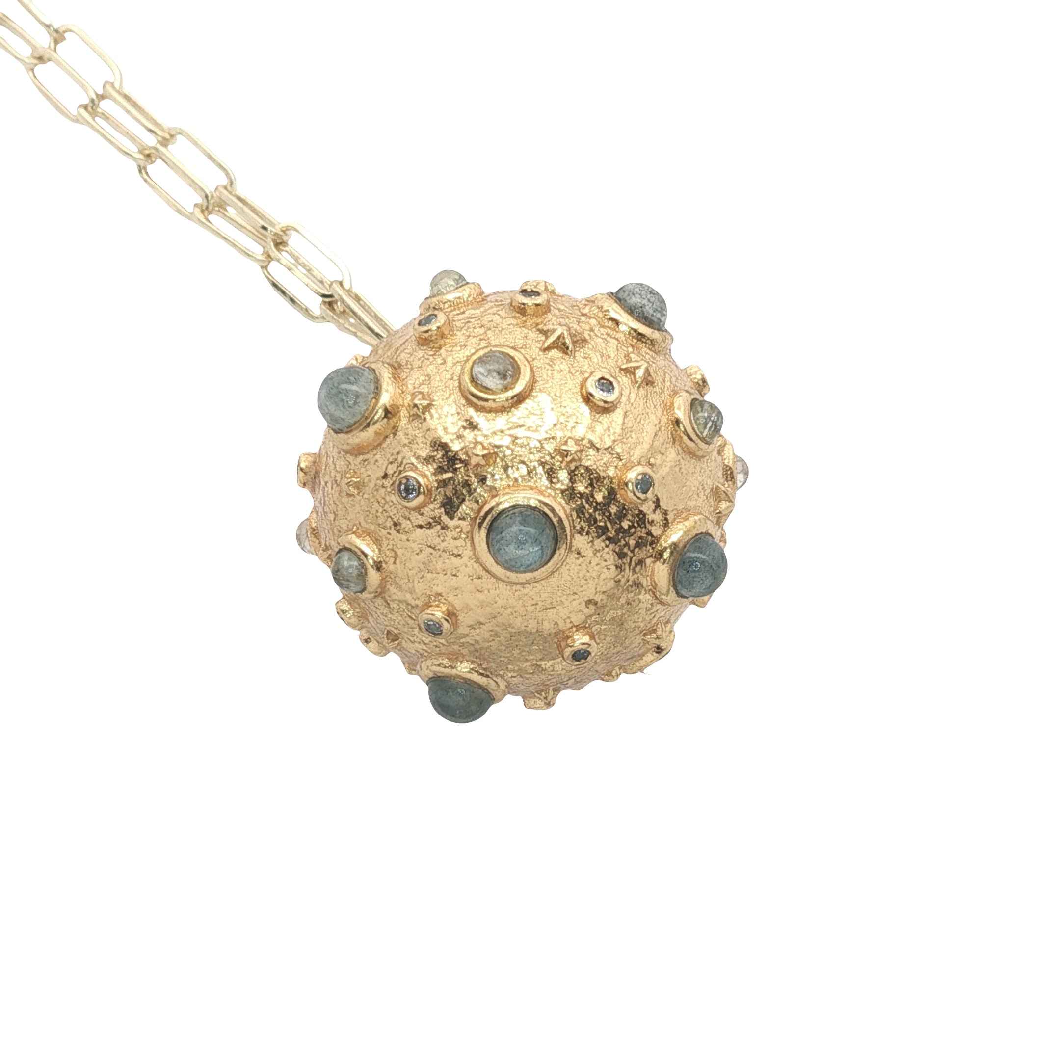 Sautoir Bola doré boule cratère labradorite et pierre de lune 110 cm