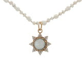 Collier doré soleil pierre de lune et zircons perles de culture 50 cm