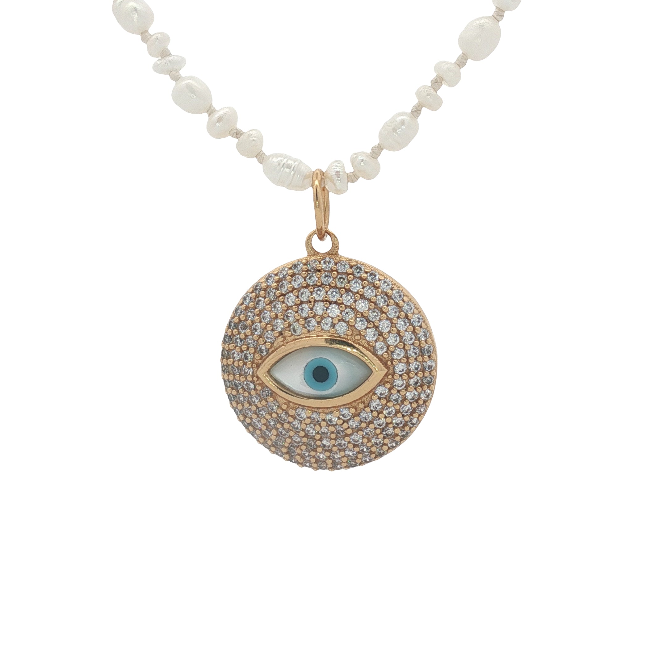Collier doré médaille en zircons avec oeil nacre perles de culture 50 cm