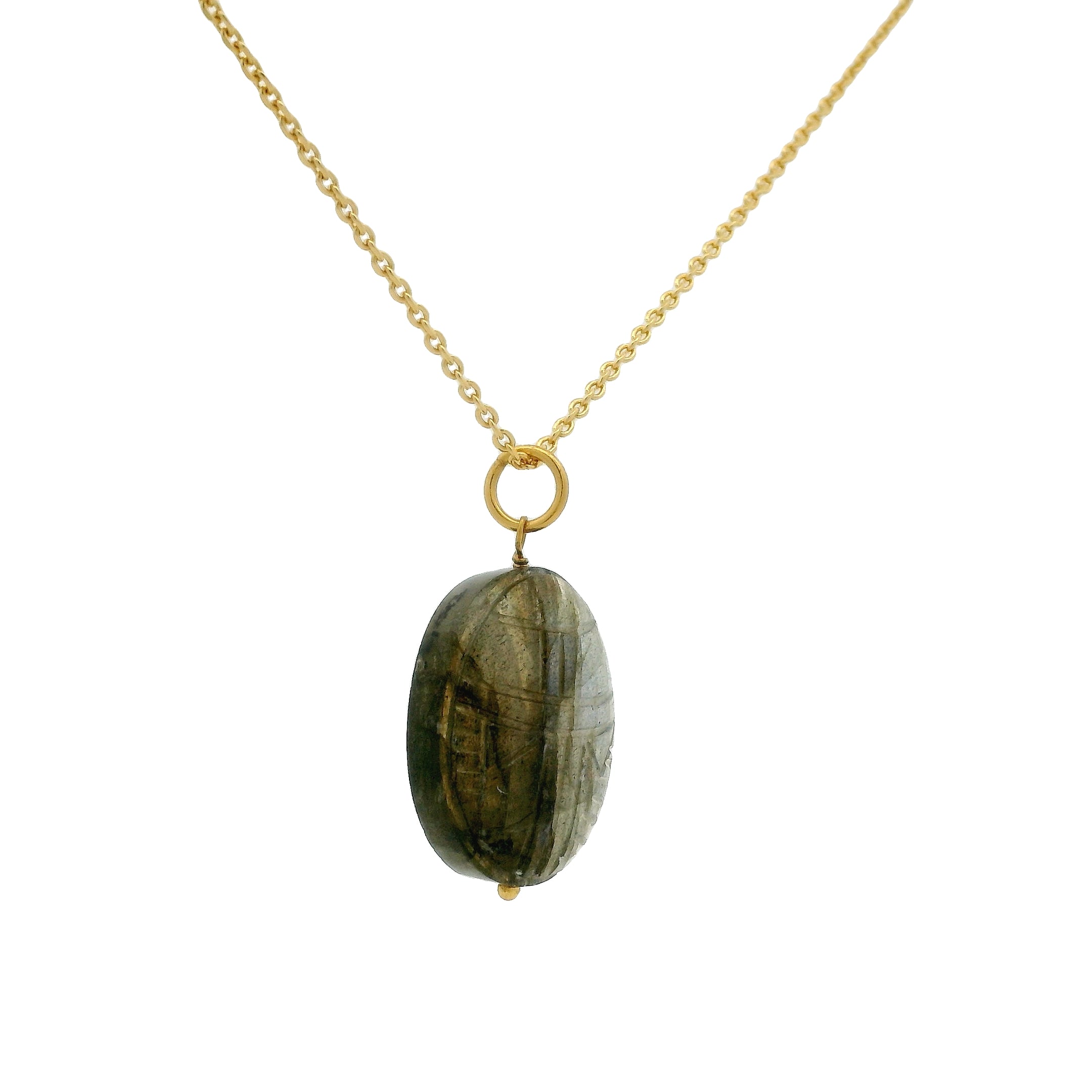 Collier doré grand scarabée sculpté sur labradorite 42 cm