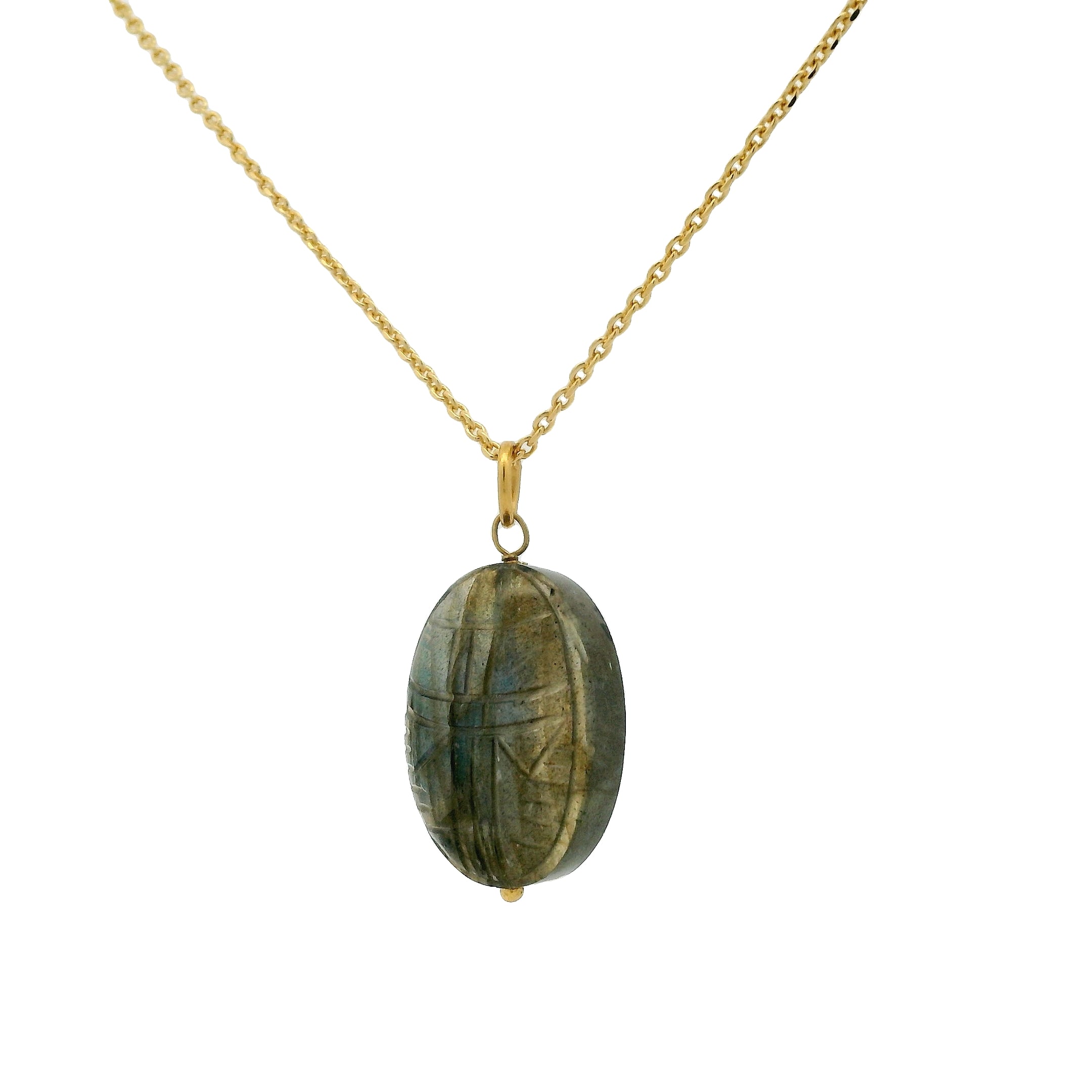 Collier doré grand scarabée sculpté sur labradorite 42 cm