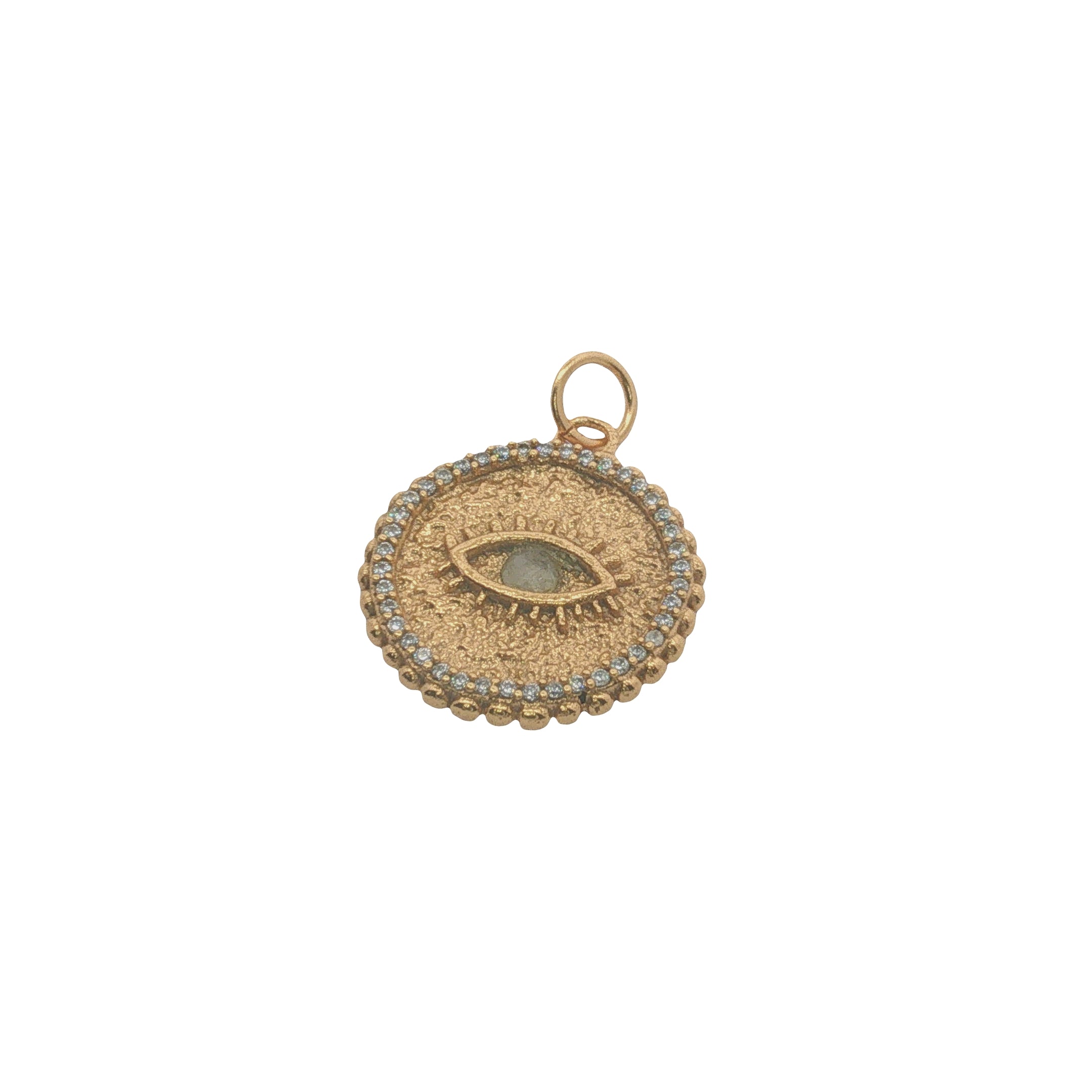 Charms doré médaille avec zircons et oeil en labradorite