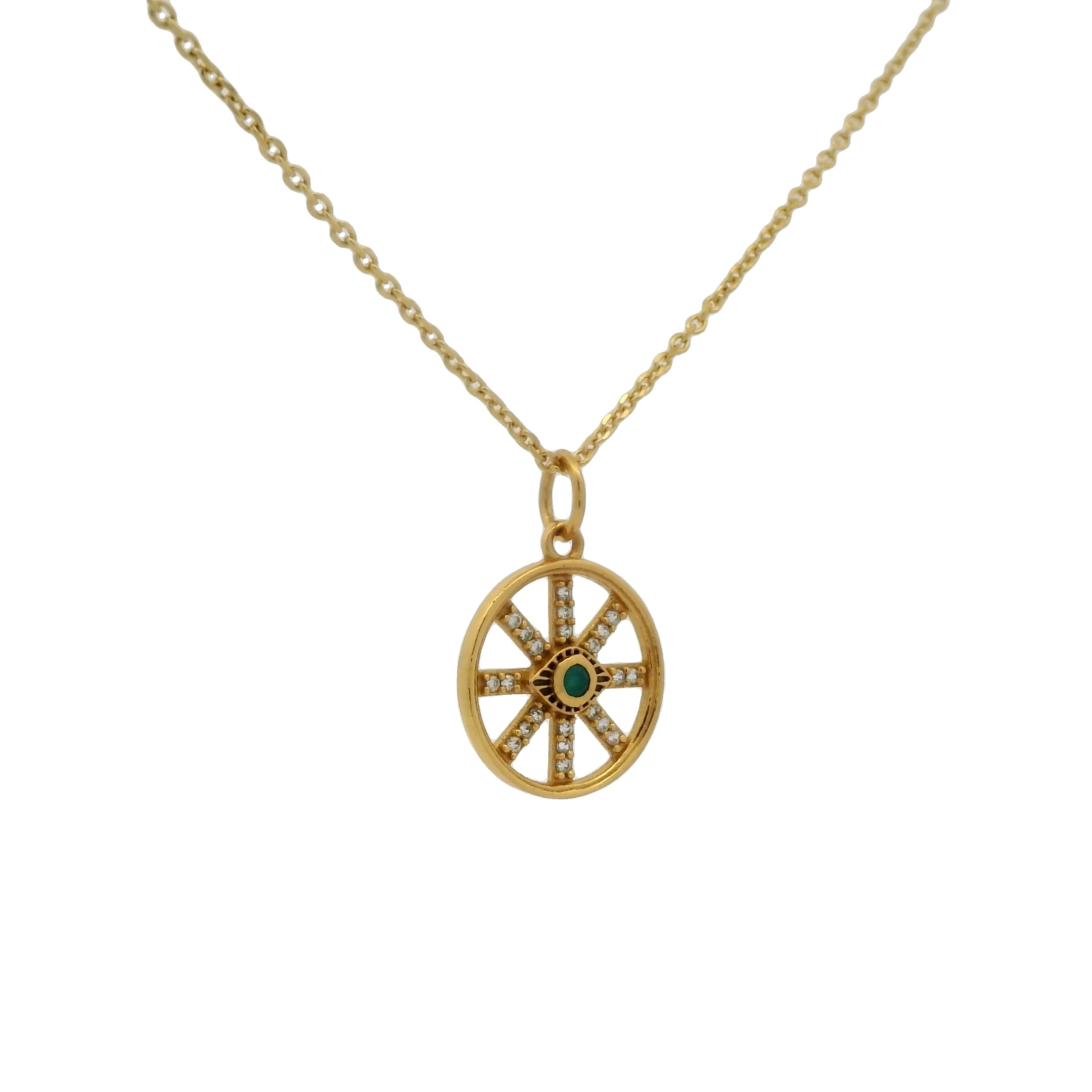 Collier doré médaille rayons zircons blancs et oeil onyx verte 42 cm