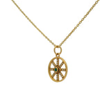Collier doré médaille rayons zircons blancs et oeil onyx verte 42 cm