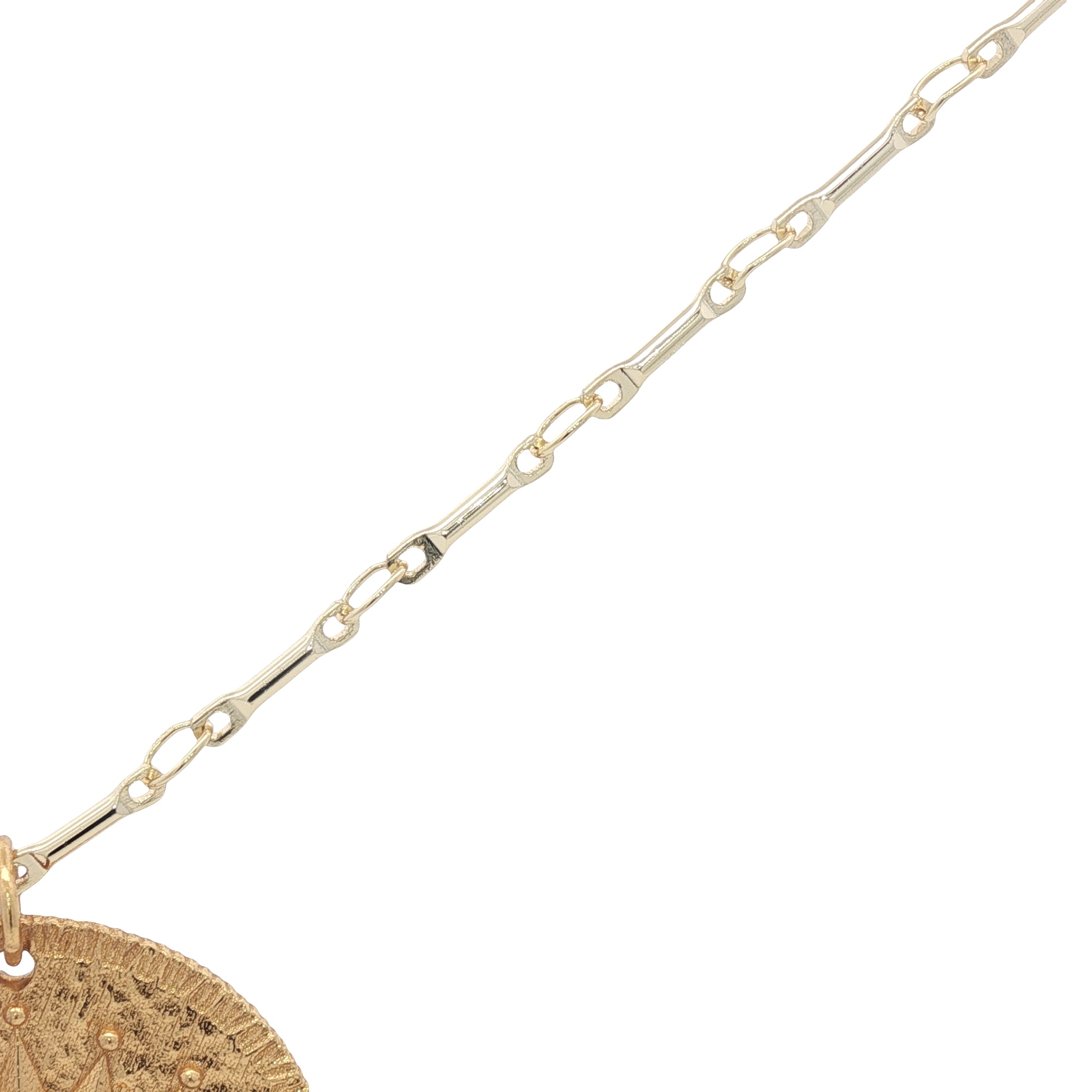 Collier doré grande médaille avec oeil en nacre en relief 60 cm