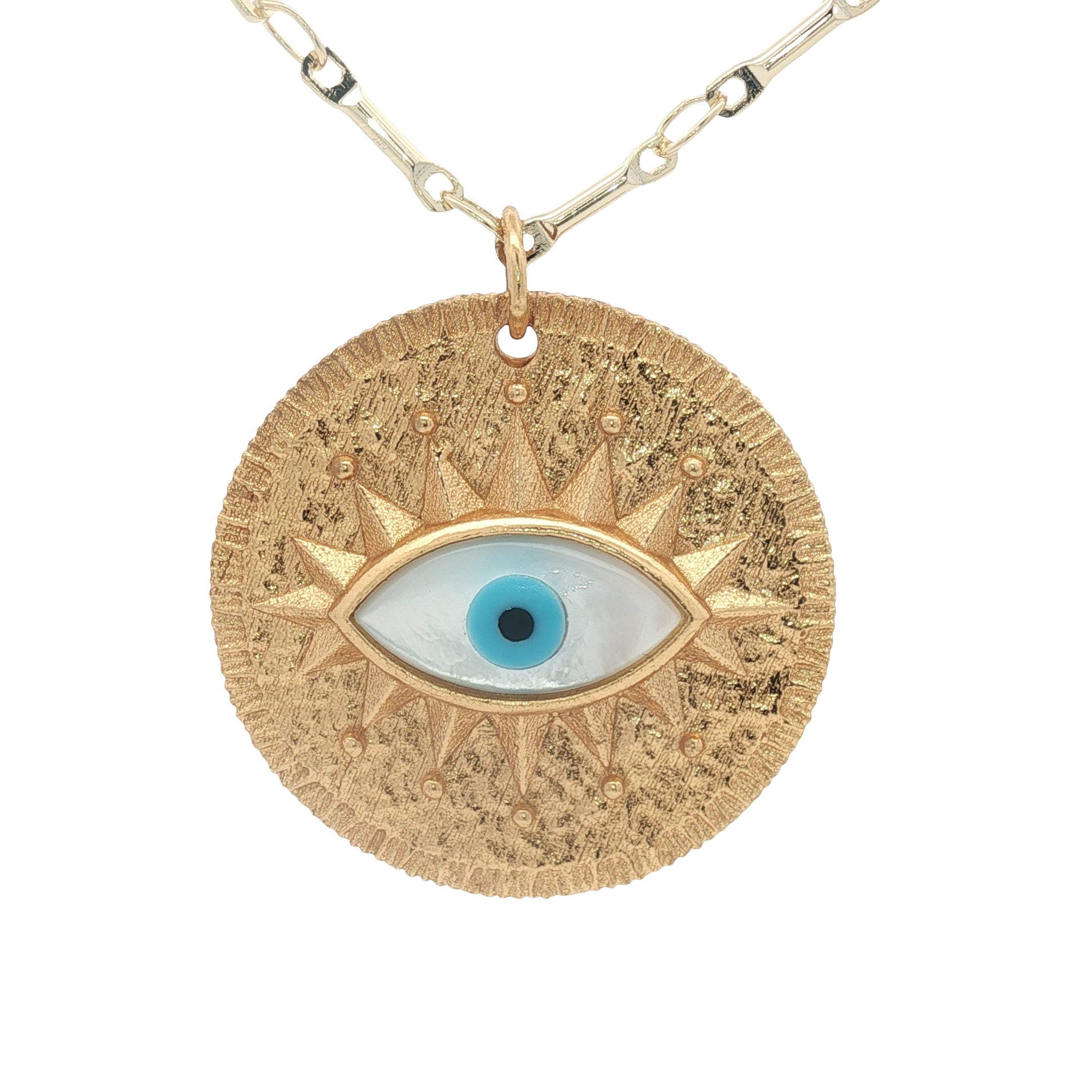 Collier doré grande médaille avec oeil en nacre en relief 60 cm