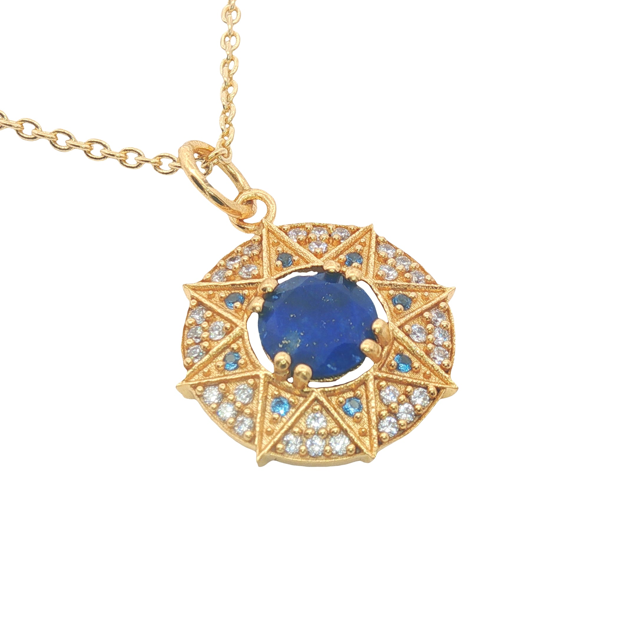 Collier doré médaille soleil lapis lazulis et zircons 42 cm