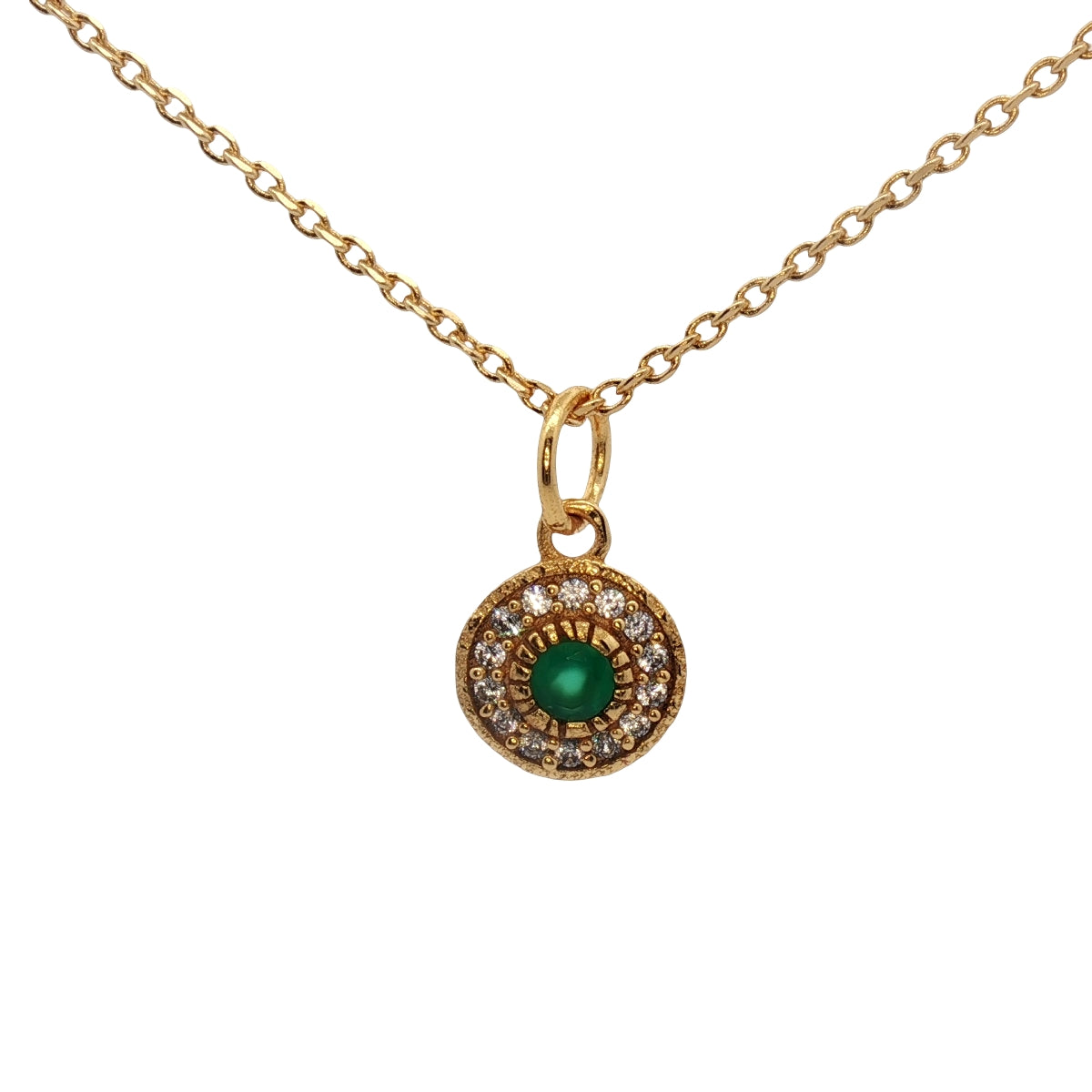 Collier doré petite médaille onyx verte zircons 42 cm