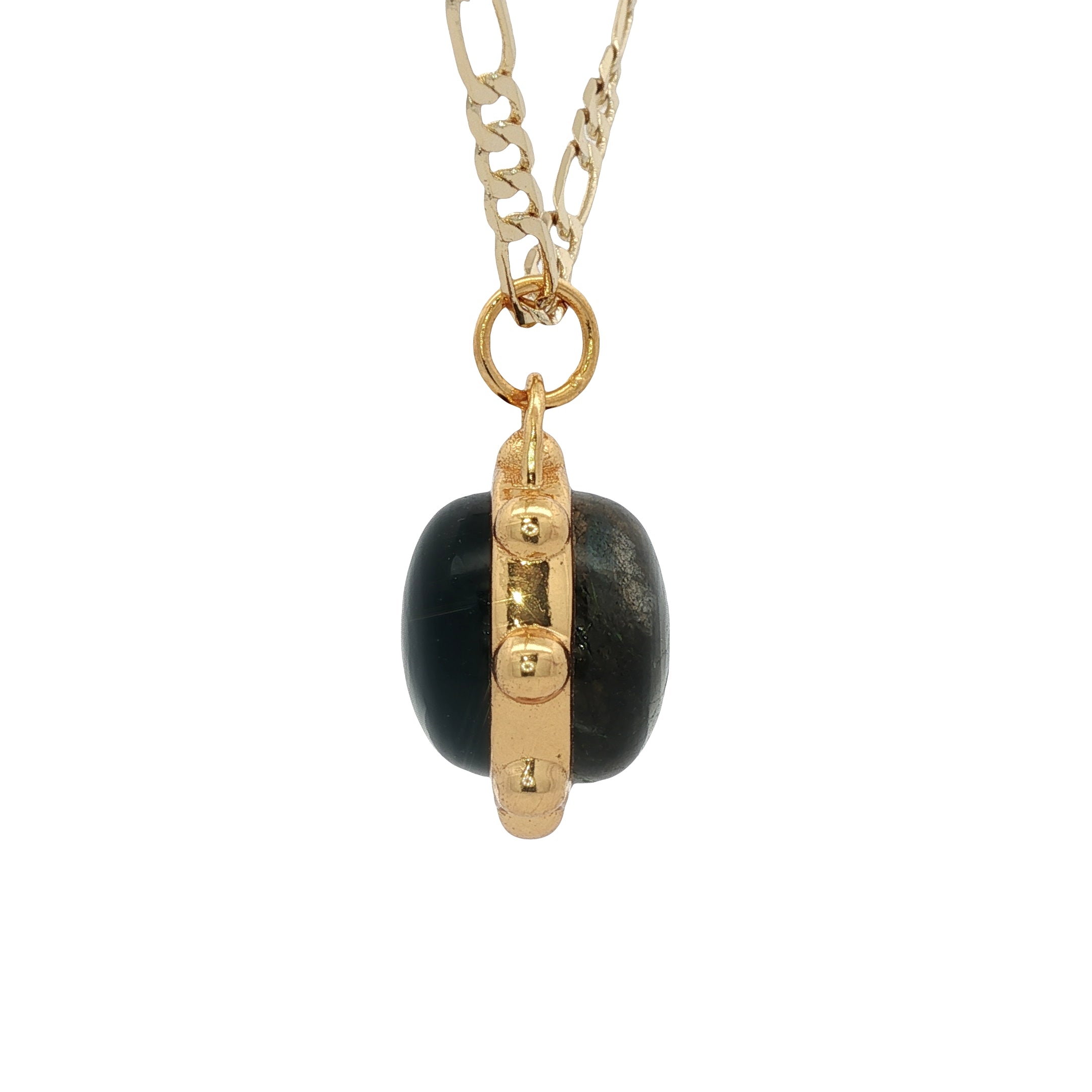 Collier doré sphère double pierre labradorite onyx noire 60 cm