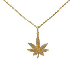 Collier doré feuille de chanvre et zircons blancs 42 cm