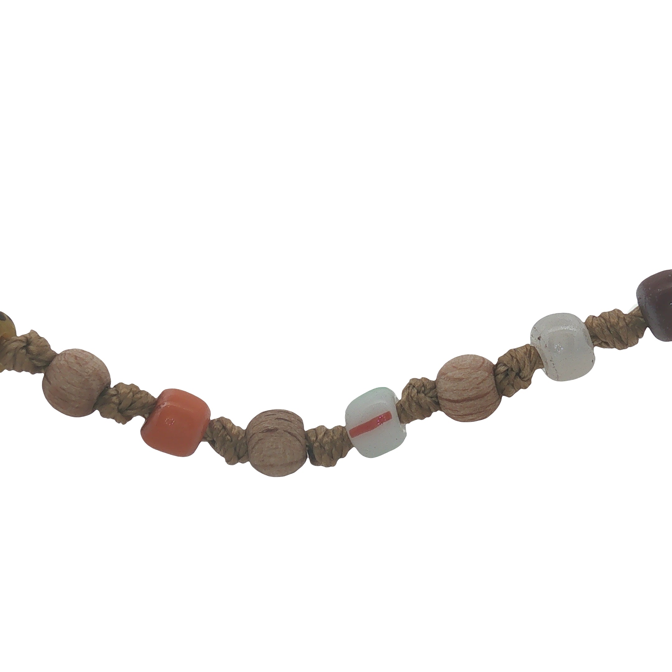 Collier doré perles en bois, perles colorées et noeuds beige 90 cm