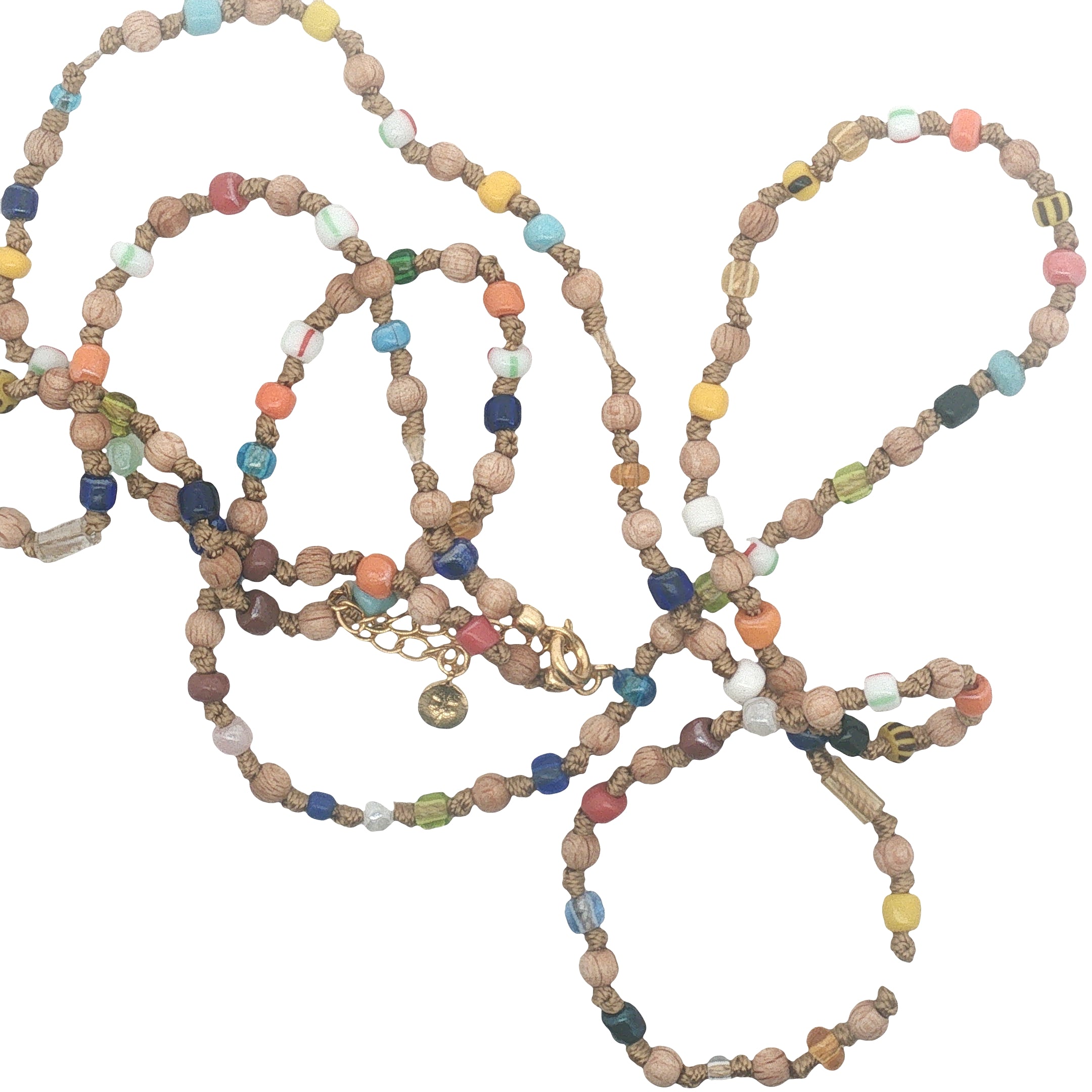 Collier doré perles en bois, perles colorées et noeuds beige 90 cm