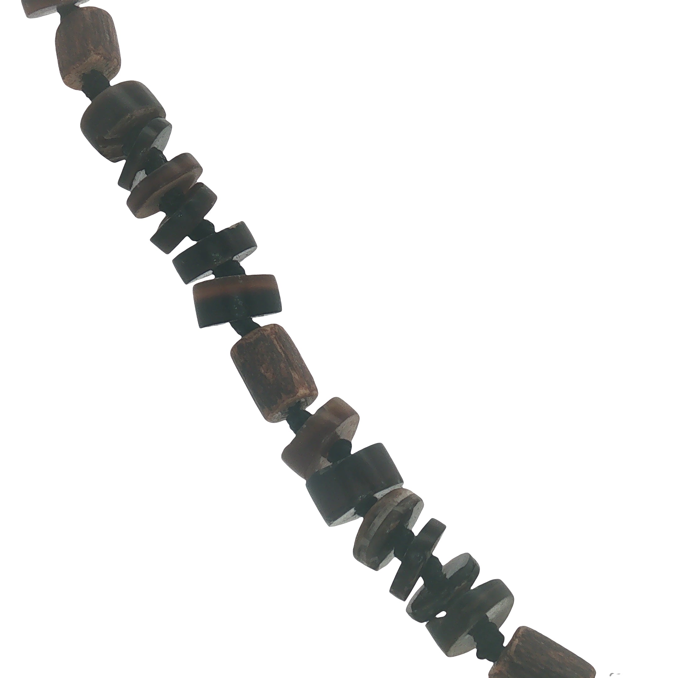 Collier doré perles en bois et disques de coquillage marron 90 cm