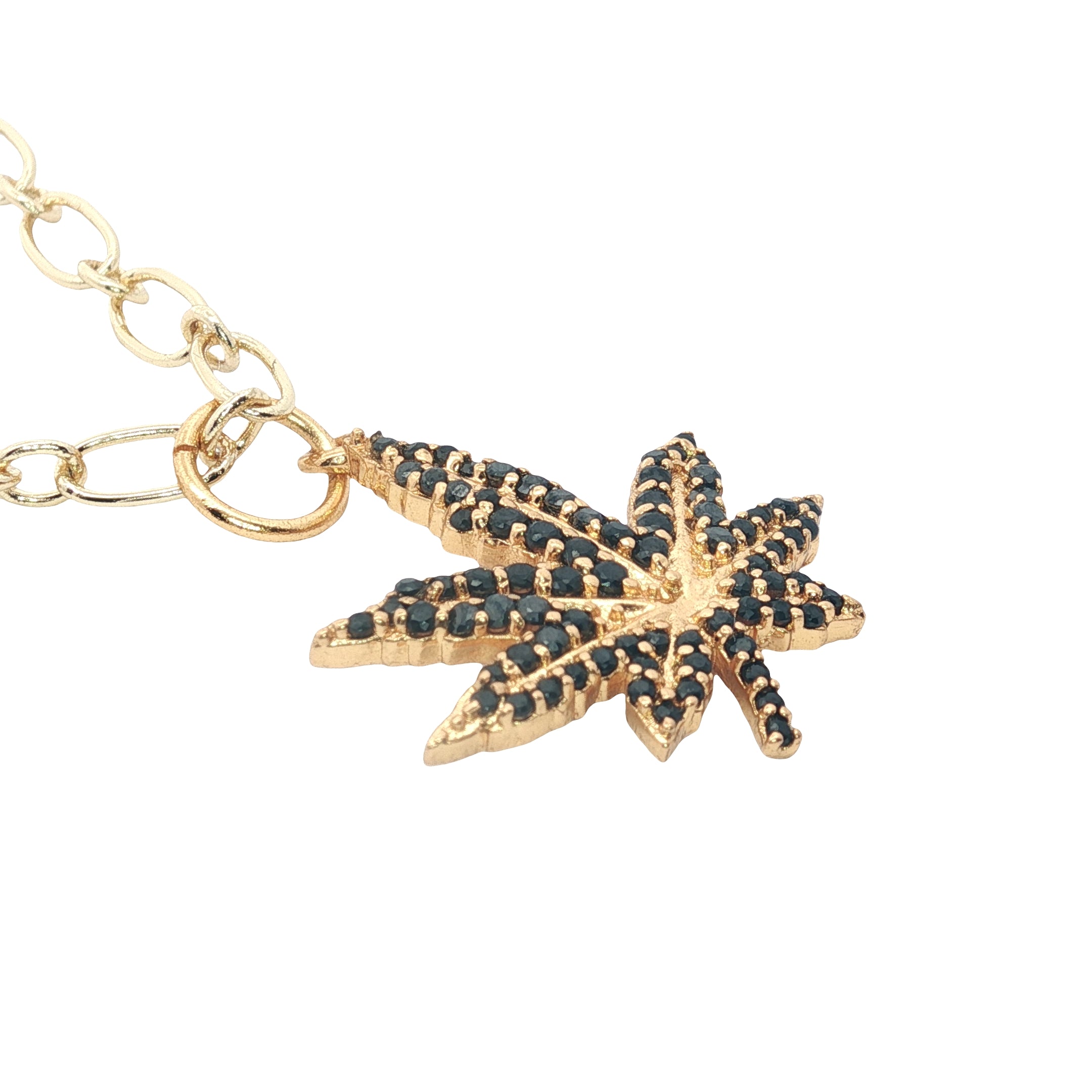 Collier doré feuille de chanvre en zircons noirs 42 cm