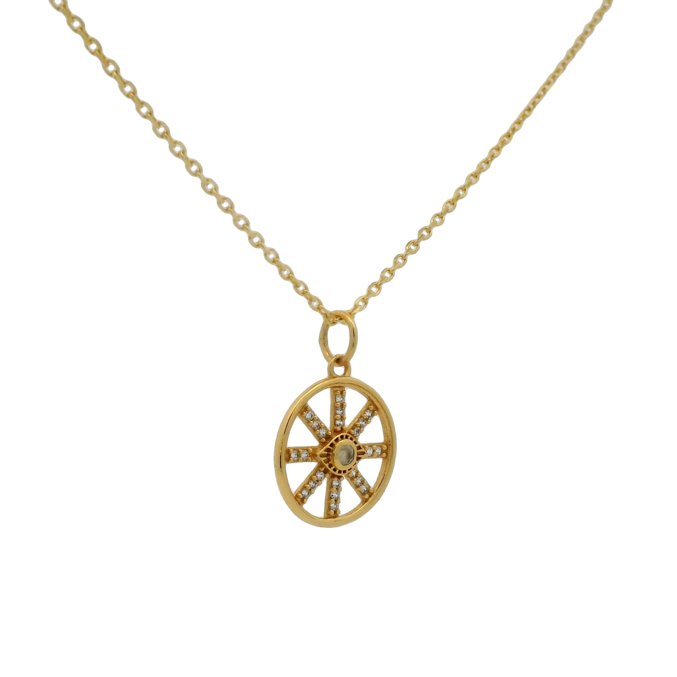 Collier doré médaille oeil préhnite et zircons 42 cm