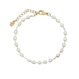 Chaine de cheville dorée perles de culture, pierre de lune et noeuds blancs
