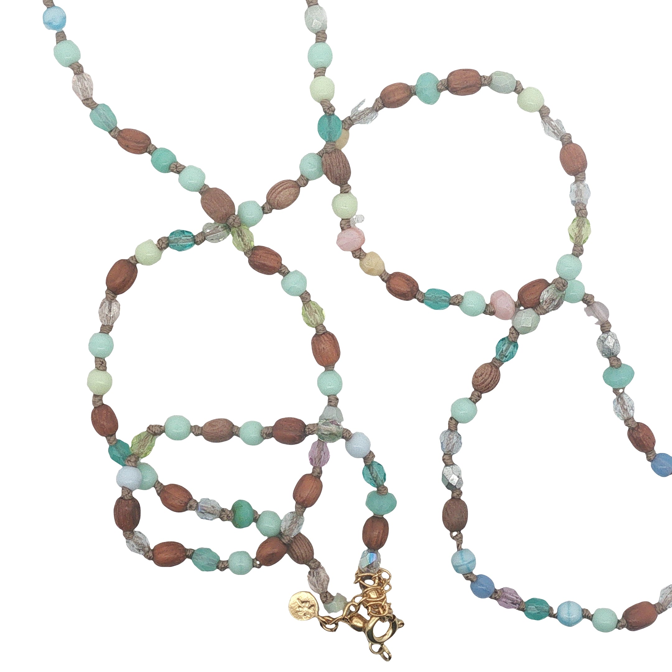 Collier doré perles vertes, roses, grises et en bois 75 cm