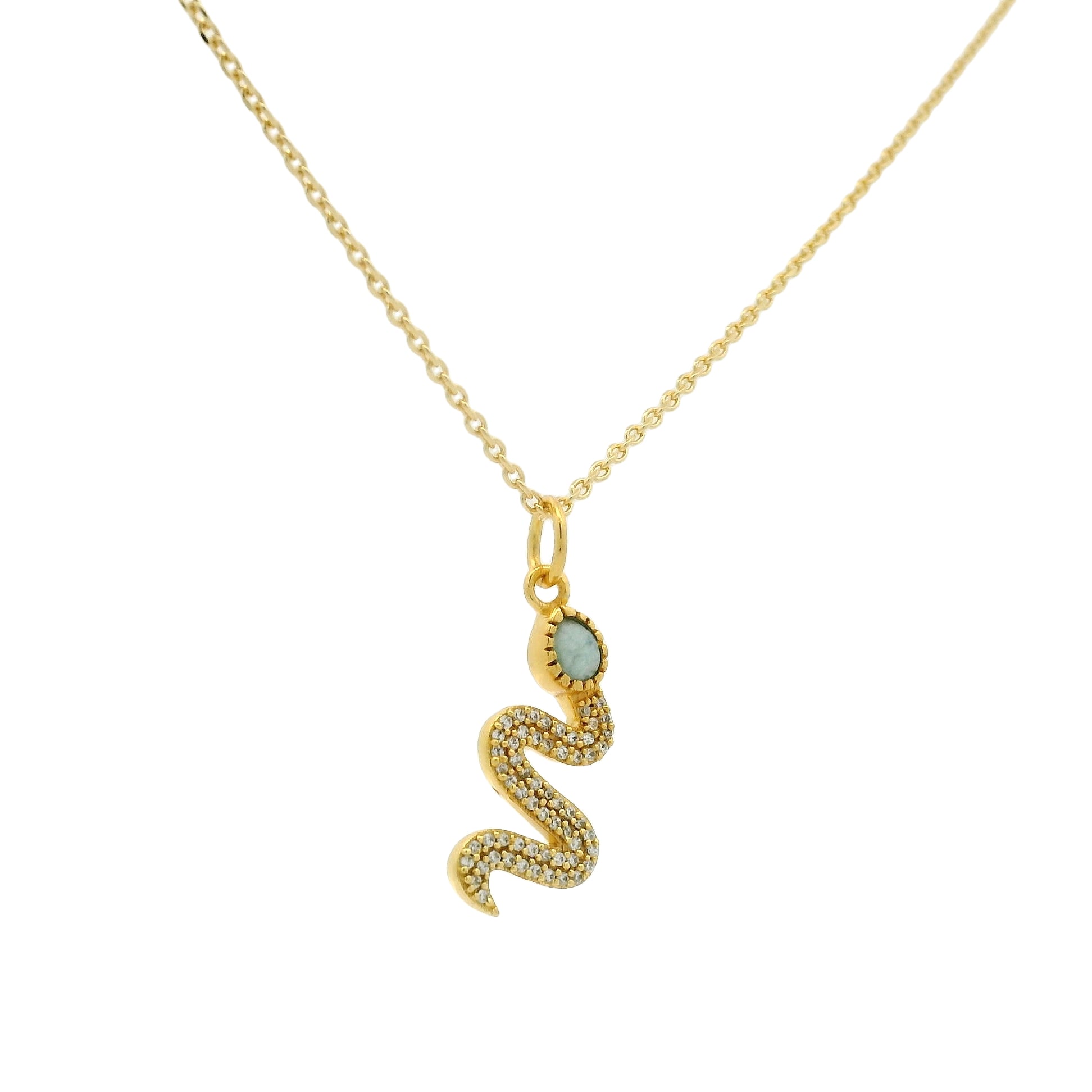 Gold necklace with snake pendant, stone and zircons