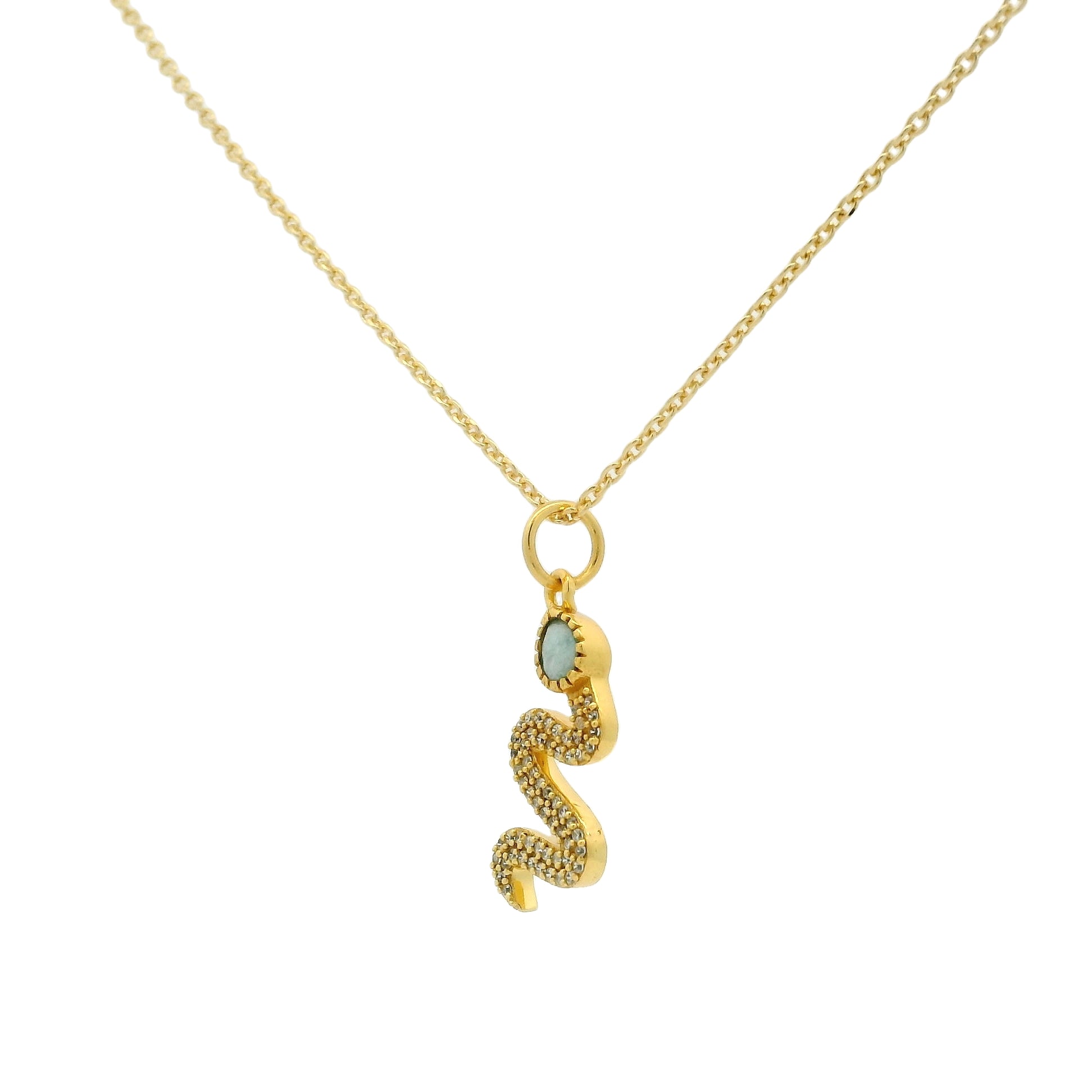 Gold necklace with snake pendant, stone and zircons