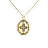 Gold necklace with square cross, stones and zircons