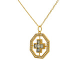 Gold necklace with square cross, stones and zircons
