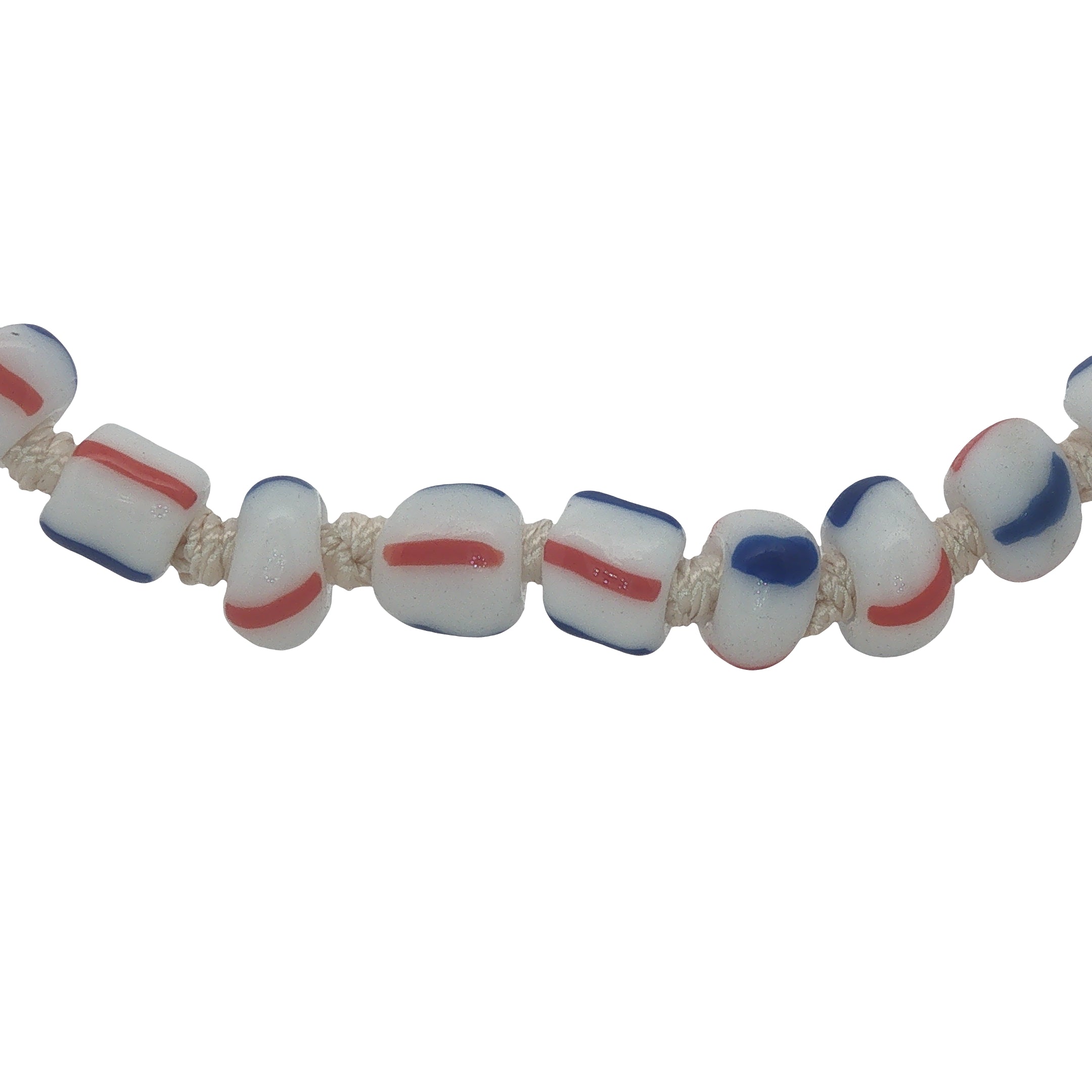 Collier doré perles bleu, blanc et rouge 75 cm