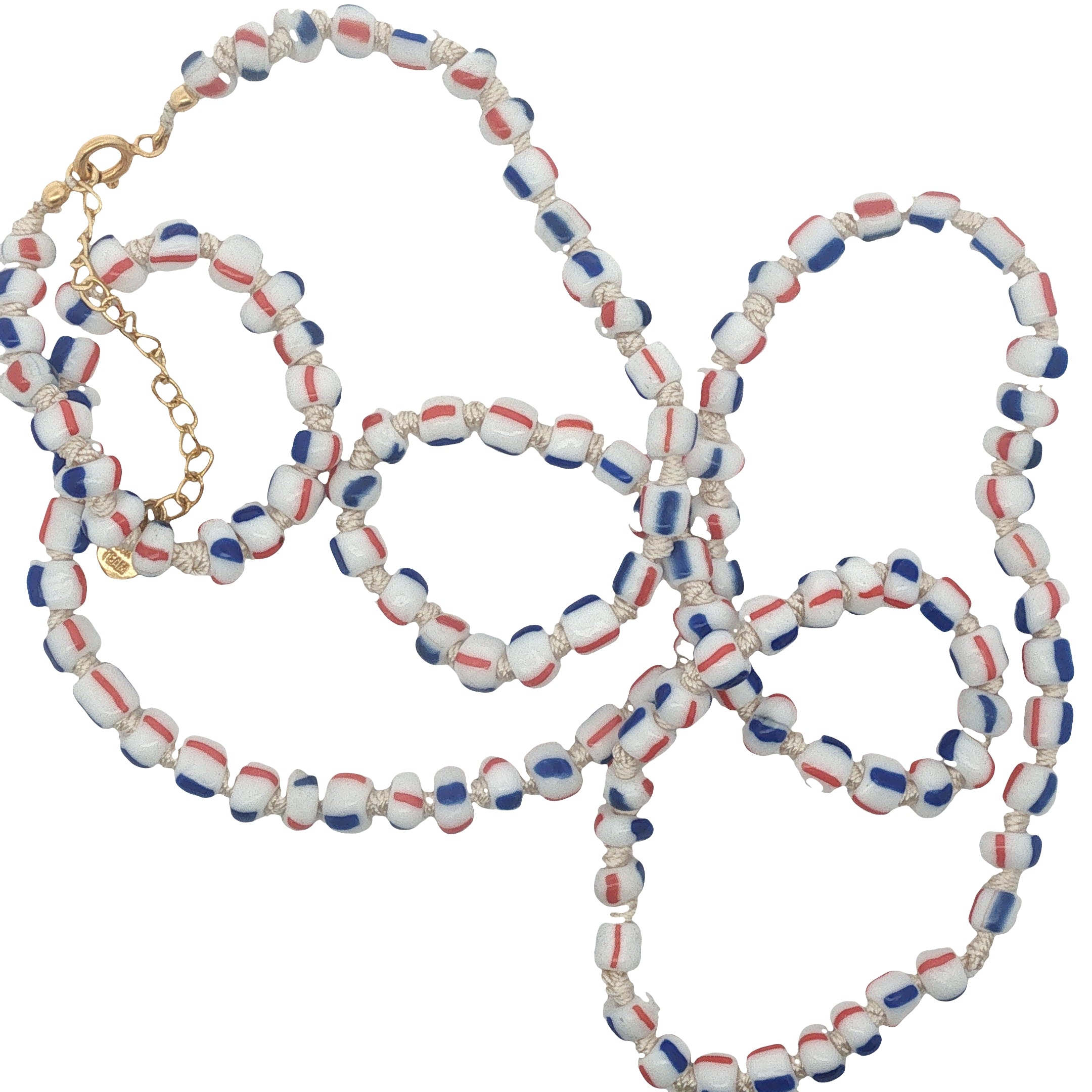 Collier doré perles bleu, blanc et rouge 75 cm