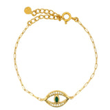 Bracelet doré oeil évidé avec onyx verte avec zircons blancs