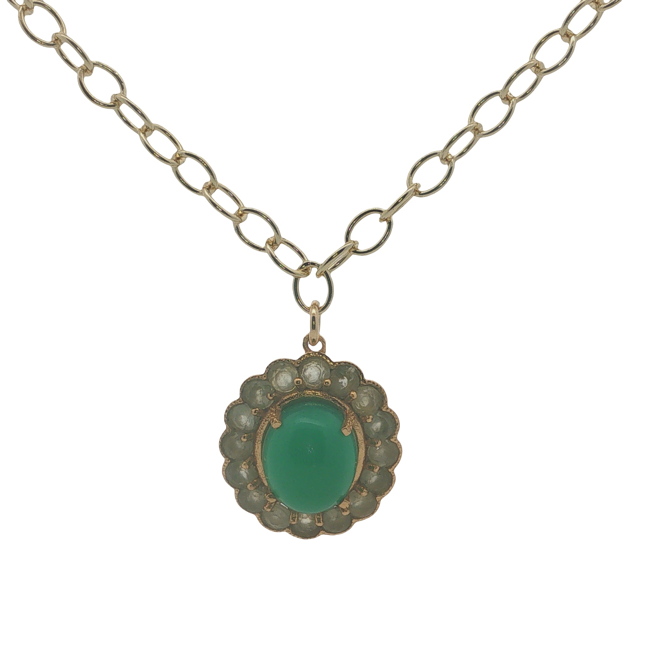 Collier doré fleur duo de prehnite et onyx verte 50 cm