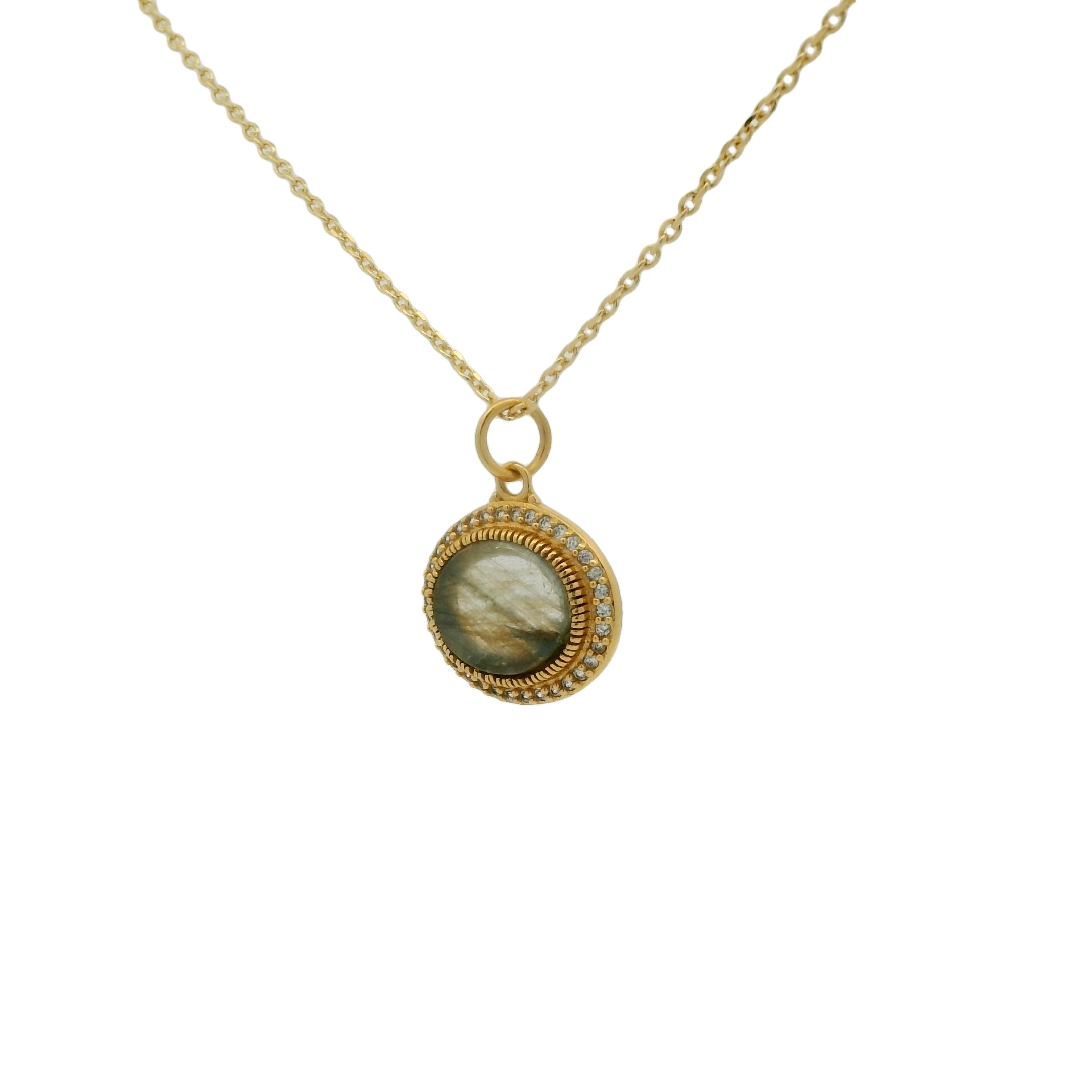 Collier doré pierre labradorite plate et zircons 42 cm