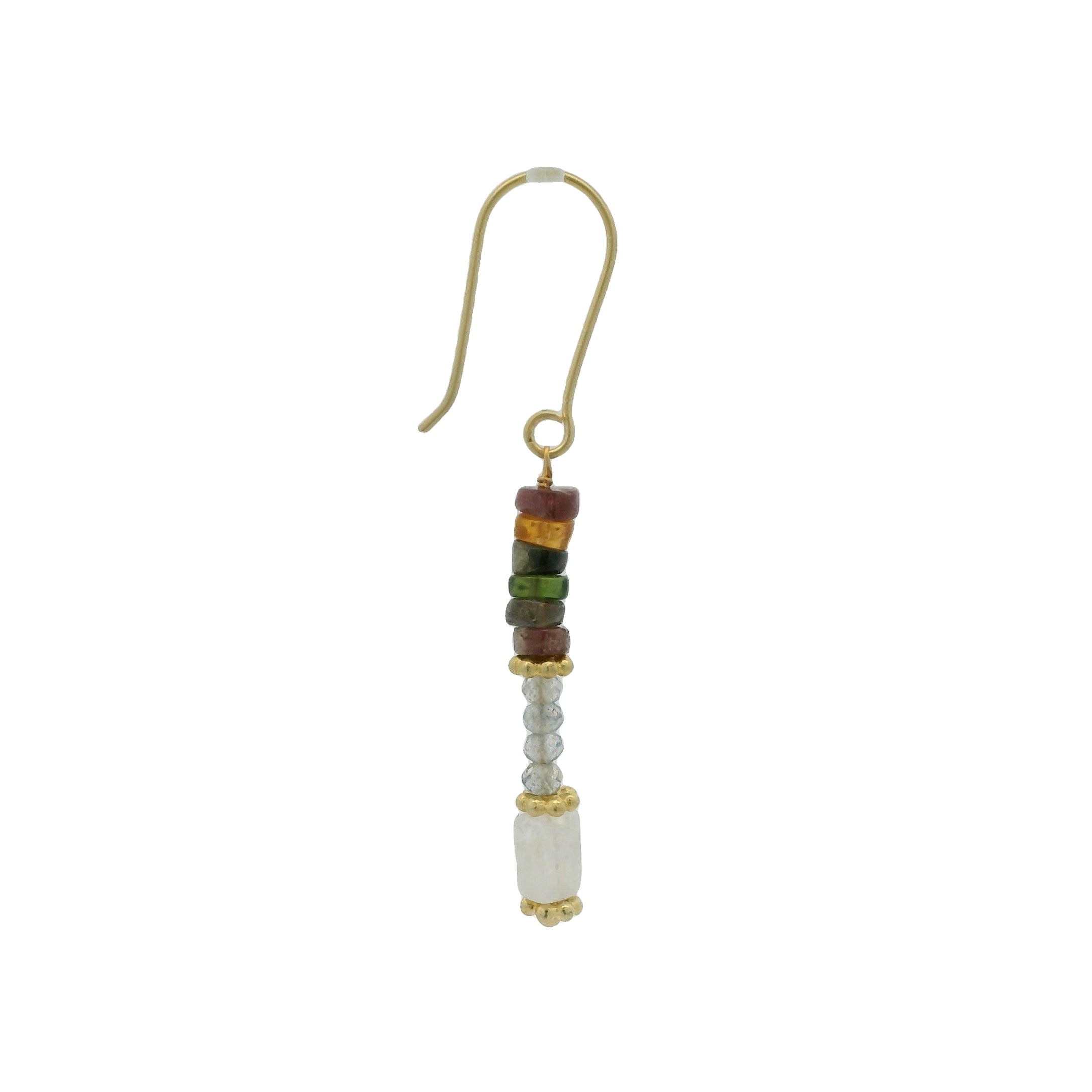 Boucles d'oreilles dorées cascade de tourmaline, labradorite et pierre de lune