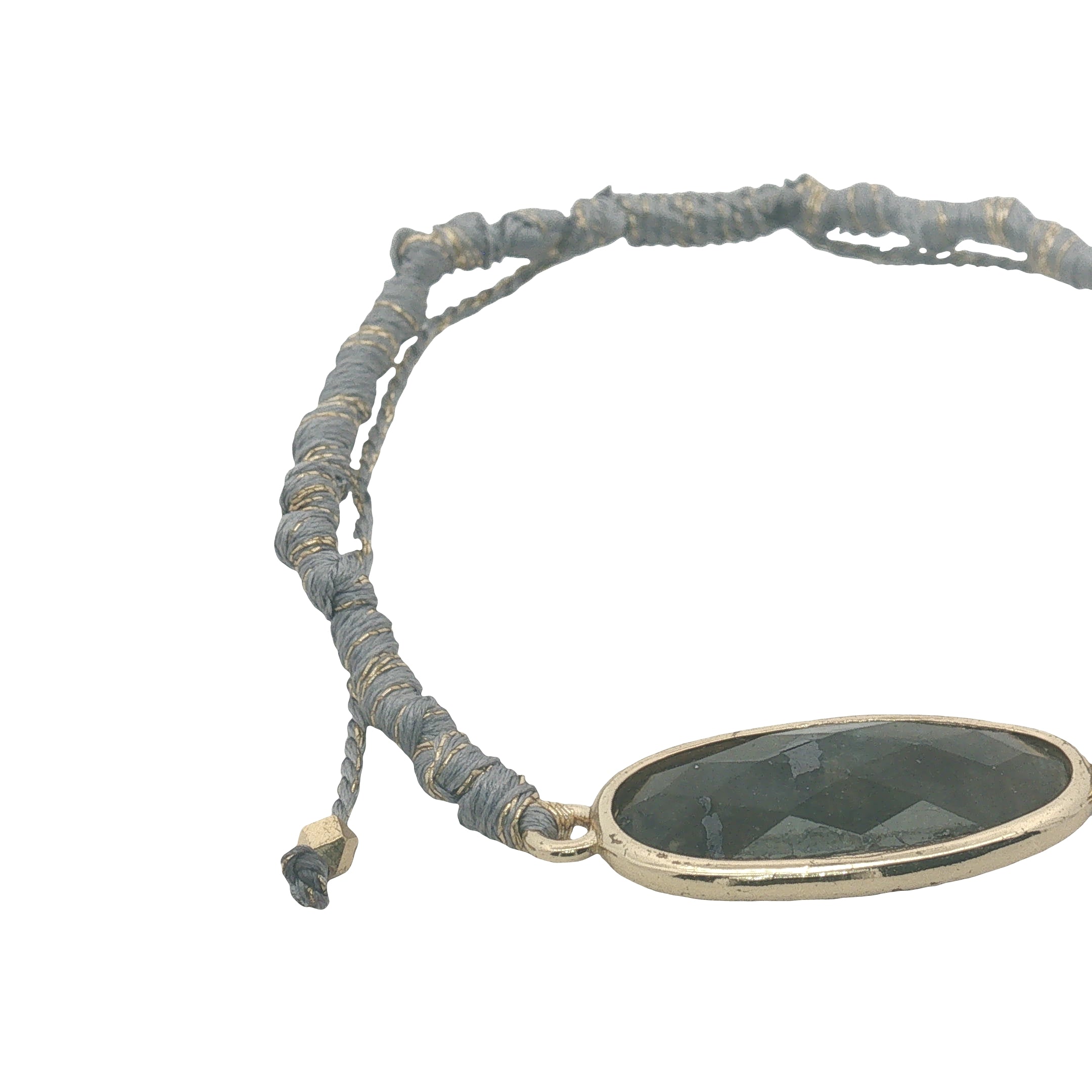 Bracelet cordon gris avec labradorite ovale cerclée de doré